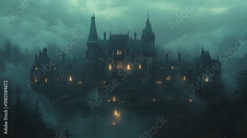 Wallpaper Mural A Mysterious, Fog-Shrouded Castle with Illuminating Windows Torontodigital.ca