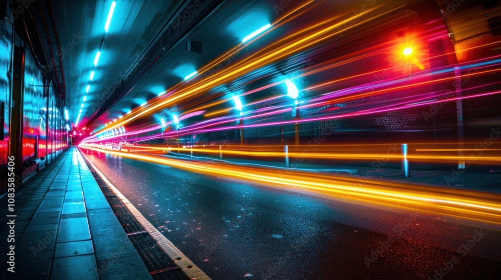 Fototapeta premium Vibrant light trails streak through a nighttime tunnel.