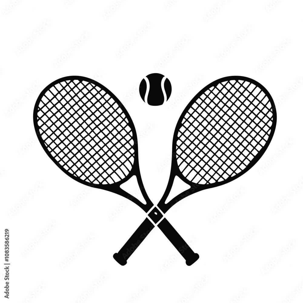 Two tennis rackets with a tennis ball in the middle. The rackets are crossed over each other