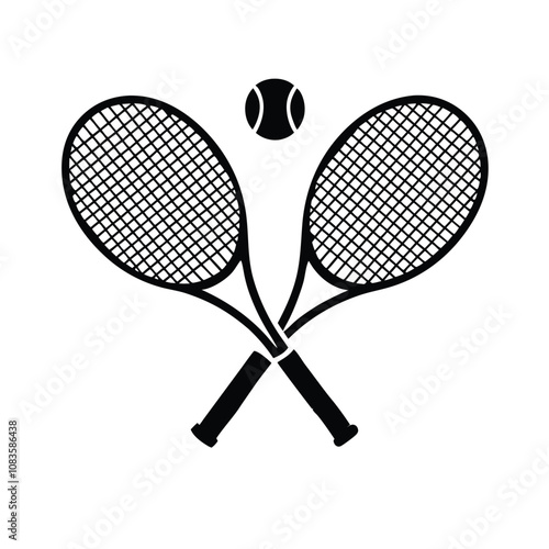 Two tennis rackets with a tennis ball in the middle. The rackets are crossed over each other