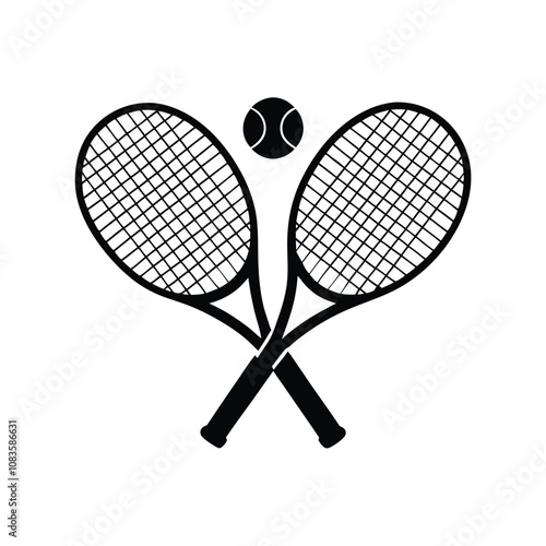 Two tennis rackets with a tennis ball in the middle. The rackets are crossed over each other