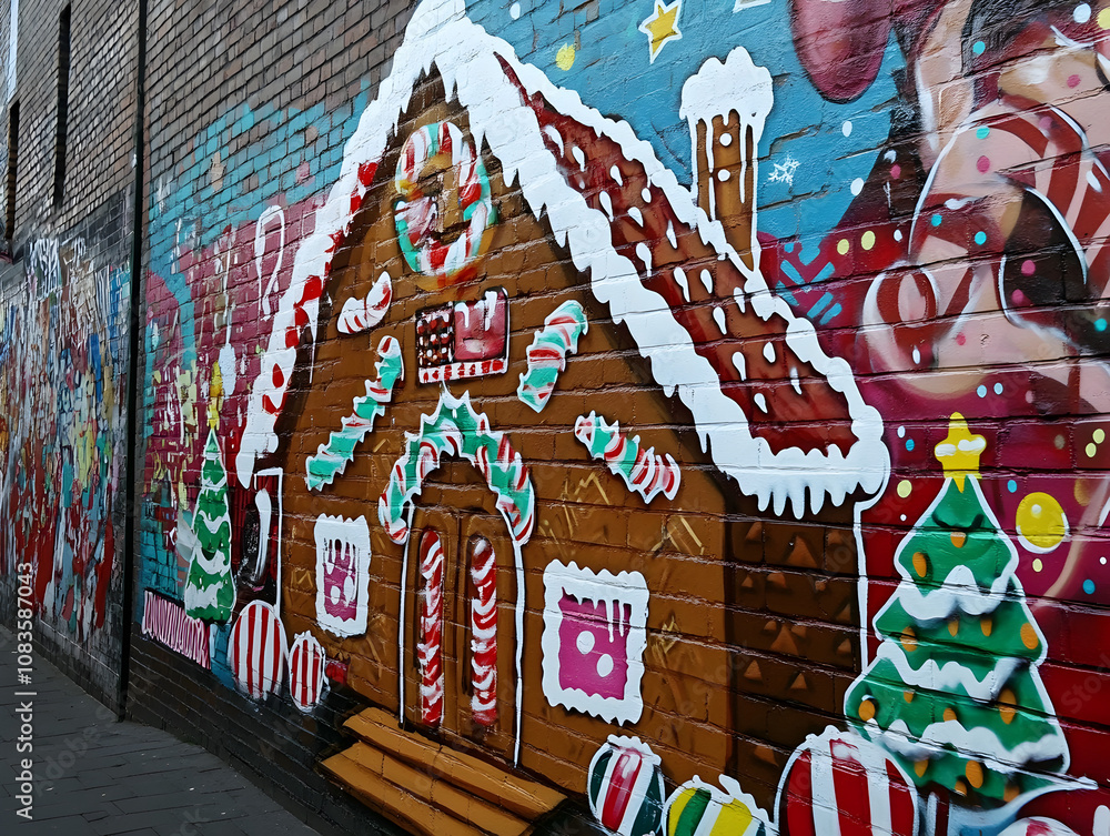 Obraz premium Colorful Holiday Mural Depicting a Gingerbread House Surrounded by Festive Decorations on a Brick Wall in an Urban Setting