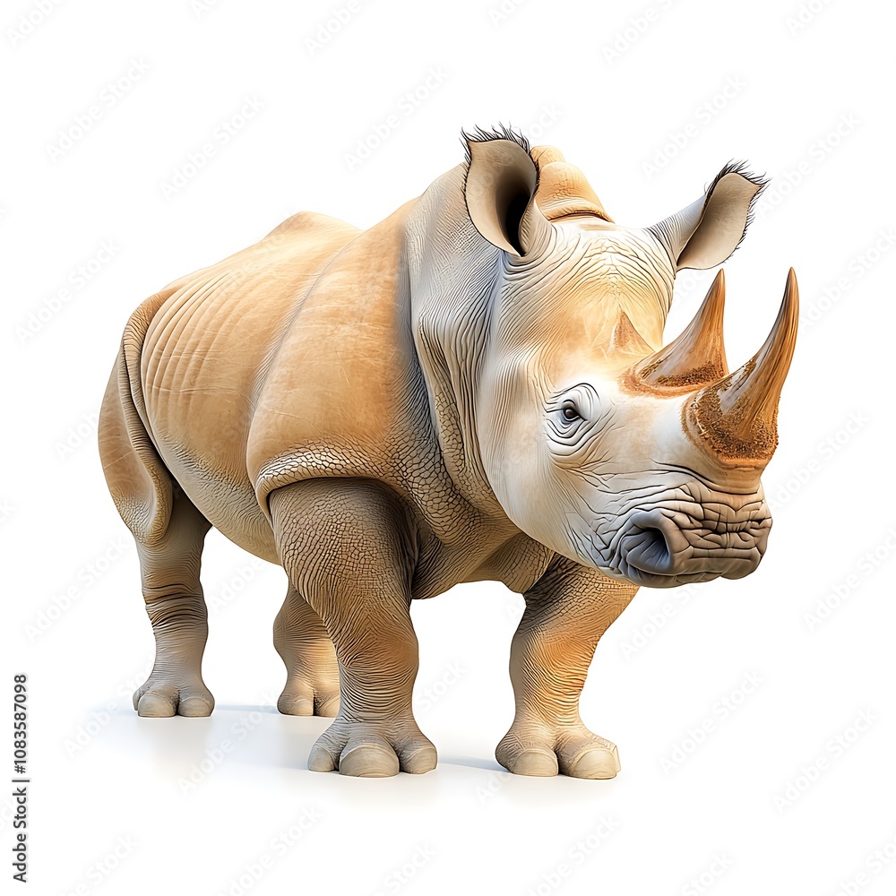 Fototapeta premium A realistic rendering of a majestic rhinoceros standing on a plain white background, showcasing its muscular build and unique horn structure with lifelike detail and precision.