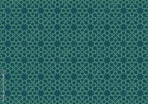 Abstract geometric Islamic motif with dark green lines on a light green background.