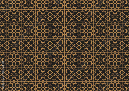 Abstract background with a geometric Islamic pattern of gold lines on a black color scheme.
