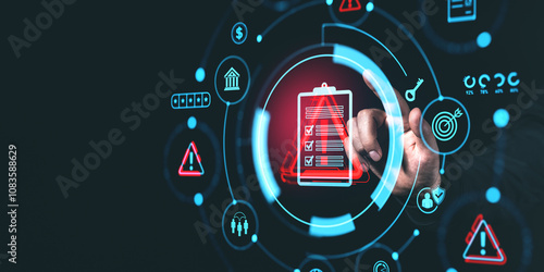 Ταπετσαρία Digital interface with risk management icons and checklist, glowing on dark background