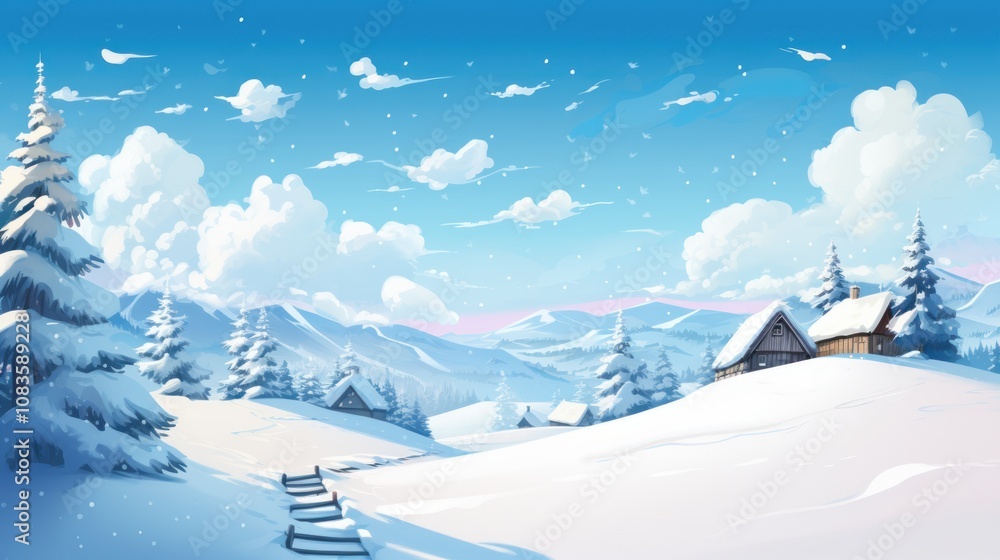Fototapeta premium Winter wonderland scene with snow-covered trees and a cabin