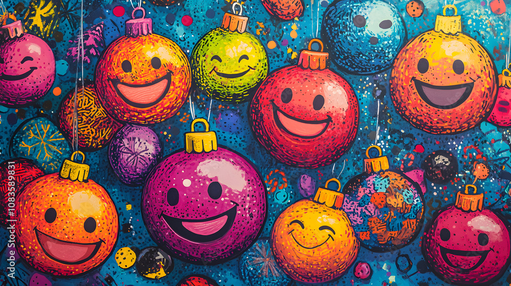 Fototapeta premium Vibrant and Cheerful Ornament Background with Colorful Smiley Faces Perfect for Celebrations and Holiday Themes Ideal for Festive Designs and Joyful Promotions