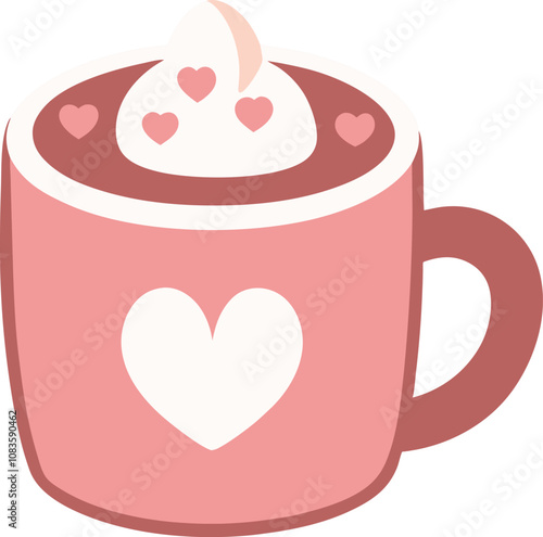 Flat illustration of a cute cup of hot cocoa with heart-shaped marshmallows