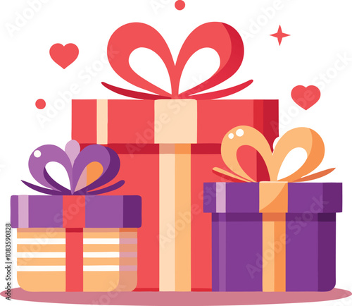 Valentines Day Flat vector of wrapped gift boxes with ribbon 