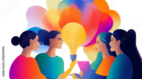 A team of women working in an advertising agency, brainstorming ideas for a new campaign in a creative, collaborative environment.