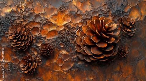 Close-up of Pine Cones on a Rusted Metallic Background photo