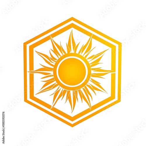 Abstract sun logo design featuring a vibrant yellow sun inside a geometric hexagon shape, radiating warm light, ideal for seasonal themes and wellness concepts. photo