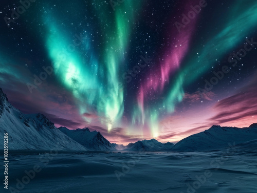 A time-lapse film sequence showing the Northern Lights dancing over a vast snow-covered landscape, with stars twinkling above.