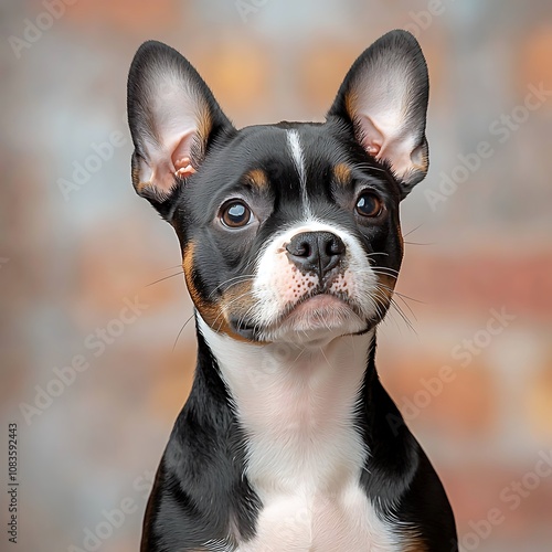 Boston Terriers are small, muscular dogs with a distinctive tuxedo like coat. They have a square shaped head, short muzzle, and expressive round eyes that give them an alert and friendly expression photo