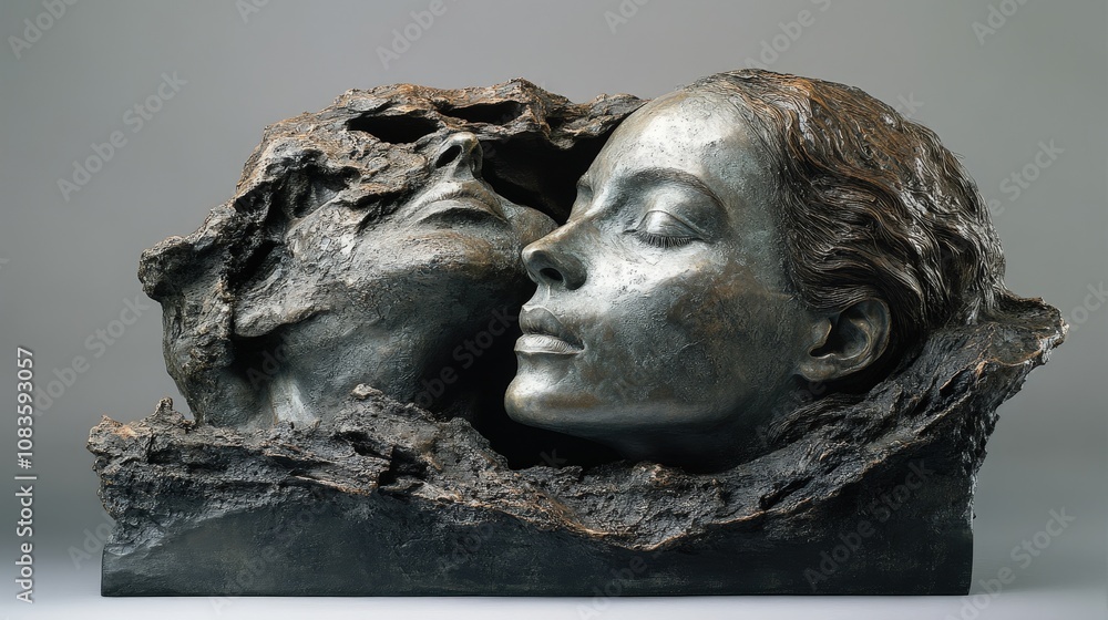 Obraz premium Elegant bronze sculpture depicting two faces in a tender embrace, representing love, connection, and artistic expression.
