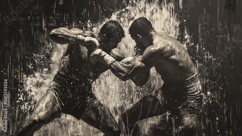 Dynamic scene of two boxers engaged in an intense match, showcasing strength and determination amid energetic movement. photo