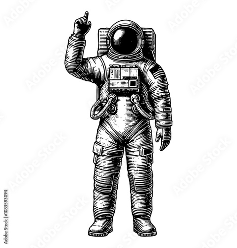 astronaut wave hand engraving black and white outline