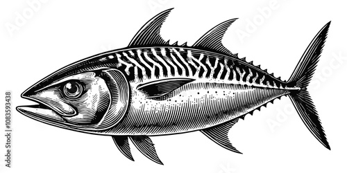 mackerel fish engraving black and white outline