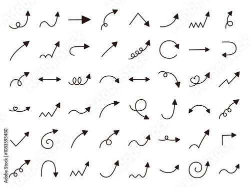 手書きの矢印アイコンのベクターイラストセット。方向、手描き、シンプル、やじるし