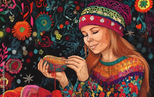 Enchanting Female Bogatyr Knitting a Whimsical Hat: Vibrant Comic Art Featuring Folk Motifs, Perfect for Sports Interior Posters Celebrating Craftsmanship and Creativity! photo