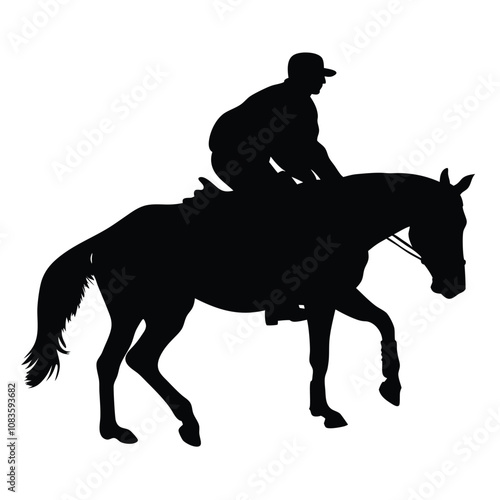 A man is riding a horse. The horse is black. The man is wearing a hat