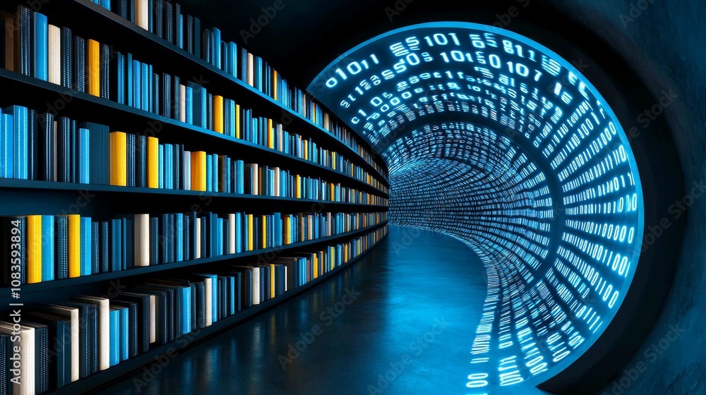 Fototapeta premium Bookshelf Tunnel with Binary Code Futuristic Library Concept