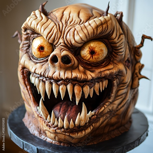 A detailed close-up of a grotesque, monstrously detailed cake,  with a toothy grin and bulging eyes. It is an impressive demonstration of cake decorating skill. photo