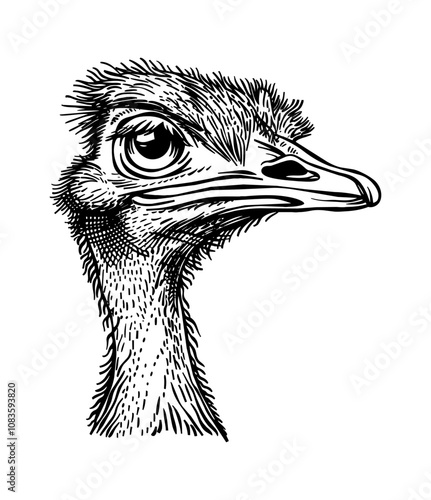 ostrich head engraving black and white outline