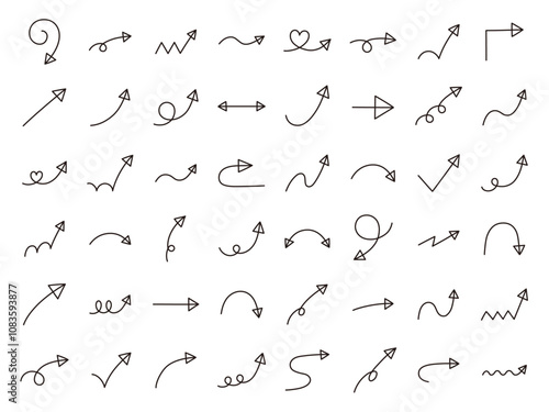 手書きの矢印アイコンのベクターイラストセット。方向、手描き、シンプル、やじるし