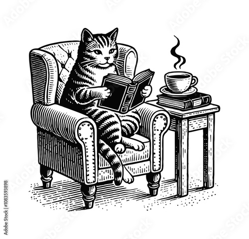 cat read book sofa coffee engraving black and white outline