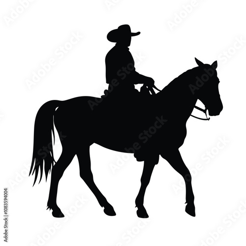 A man is riding a horse. The horse is black. The man is wearing a hat