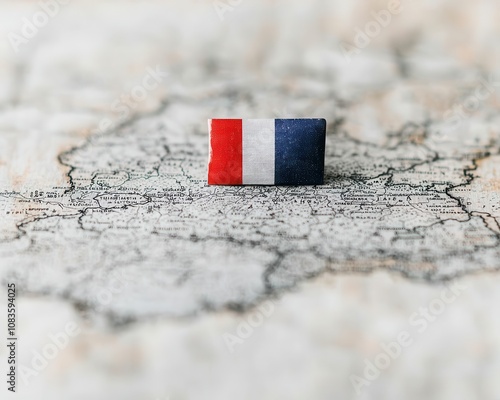 A small French flag is placed on a map, highlighting France's geography and its significance in global culture. photo