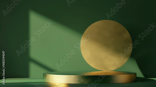 A gold round podium is set on a green background for product presentation, designed in a minimalist stage style with an area for copy space.