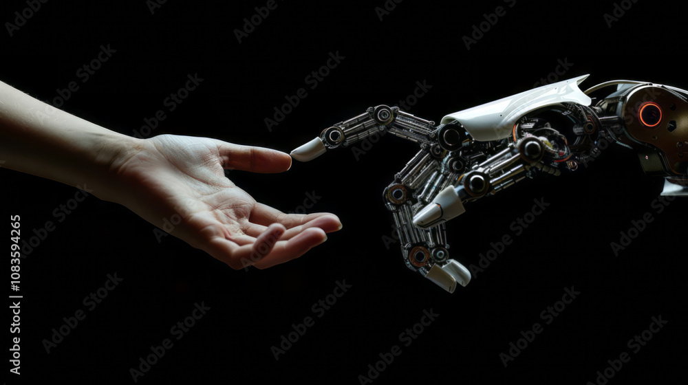 Naklejka premium A robot hand reaches out to a human's palm on a black background, symbolizing the connection between humans and artificial intelligence.