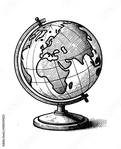 earth globe engraving black and white outline