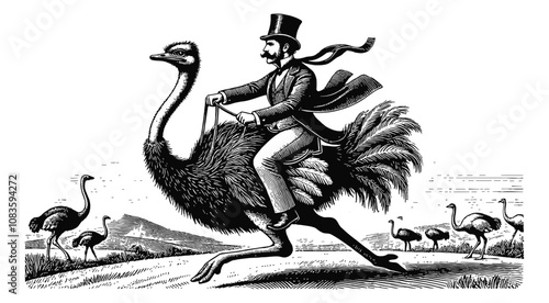 man in a top hat riding an ostrich engraving black and white outline
