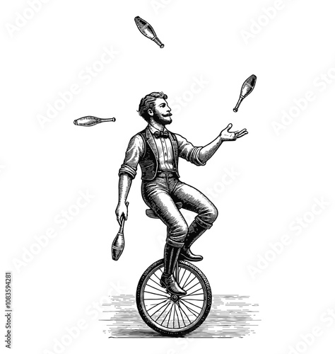 man juggling while riding a unicycle engraving black and white outline