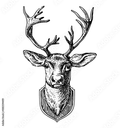 deer head stuffed engraving black and white outline