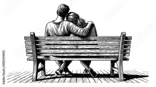 couple in love sitting on a wooden bench engraving black and white outline