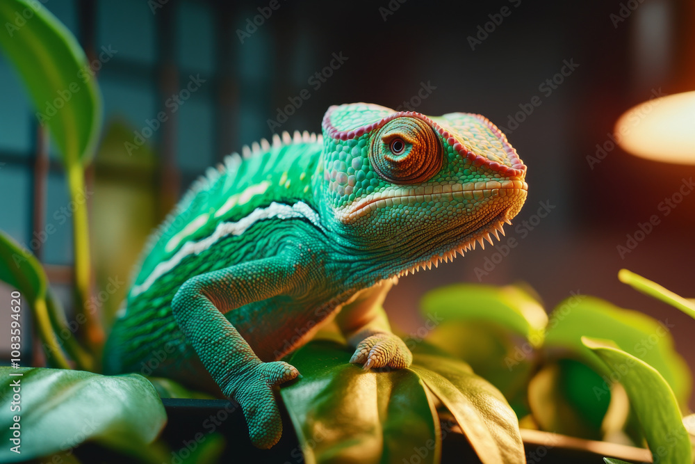 Fototapeta premium A tranquil scene of a rehabilitated pet chameleon resting in its terrarium, with soft lighting and natural decor.
