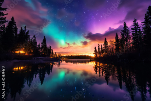 A tranquil shot of the Aurora Borealis reflecting off the calm waters of a remote lake, surrounded by trees. photo