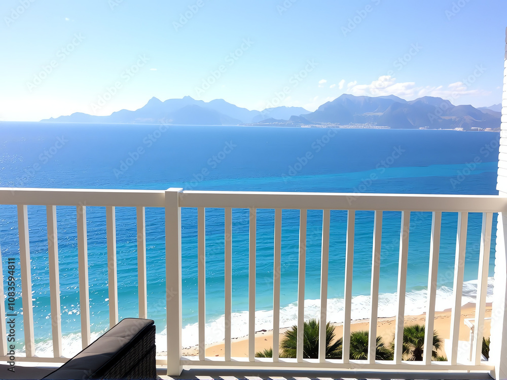 Fototapeta premium A serene balcony view showcasing the ocean and majestic mountains in the background.