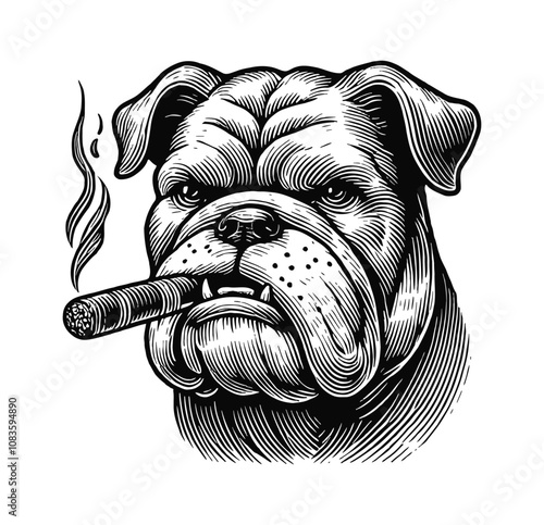bulldog with a cigar in its mouth engraving black and white outline