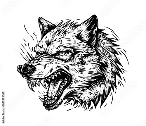 angry wolf head engraving black and white outline