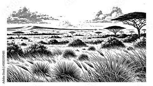 African savanna field engraving black and white outline