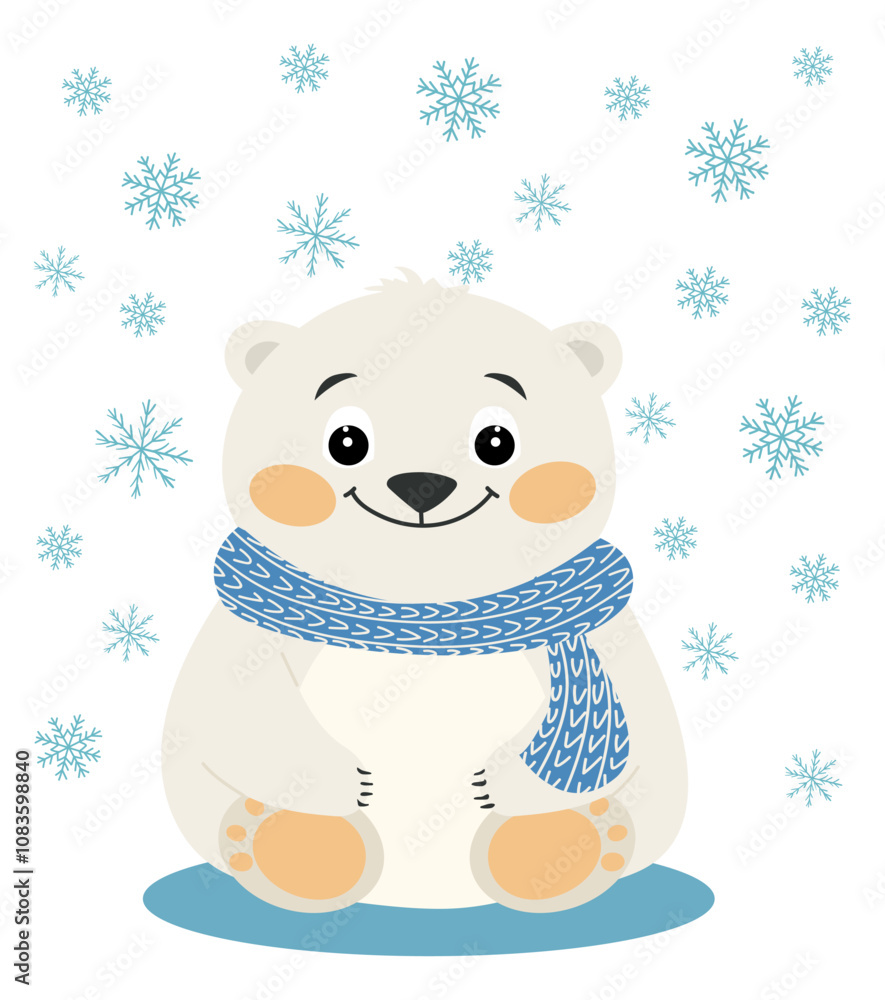 Fototapeta premium Cute Baby Polar Bear with Blue Scarf, Adorable Flat Style Vector Illustration with Snowflakes