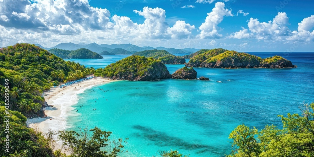 Obraz premium Secluded Tropical Beach with Lush Green Islands and Azure Waters