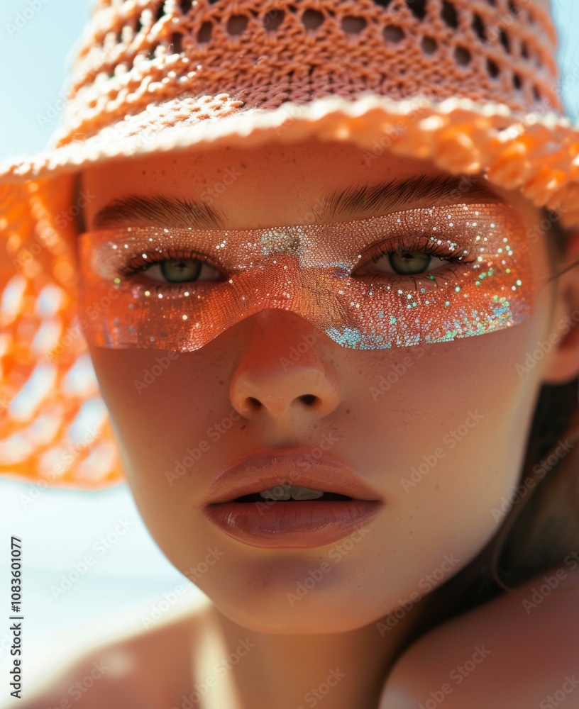 Φωτογραφία A close up of a woman wearing sunglasses and an orange hat. AI.