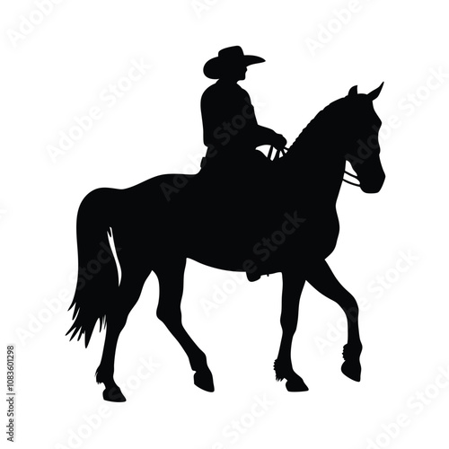 A man is riding a horse. The horse is black. The man is wearing a hat